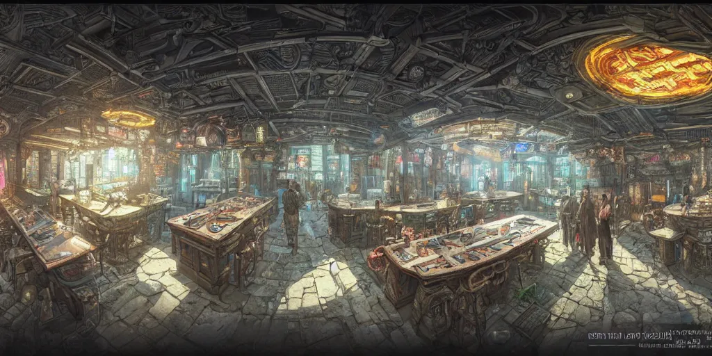 Image similar to Highly detailed realistic Digital concept interior design in style of Hiromasa Ogura and Josan Gonzalez of highly detailed cyberpunk tavern with stone walls and neon lights, a lot of electronics and people, many details. Natural white sunlight from the transperient roof. Panorama on 360 degrees Rendered in 32K in VRAY and DaVinci Resolve and MAXWELL and LUMION 3D, Volumetric natural light