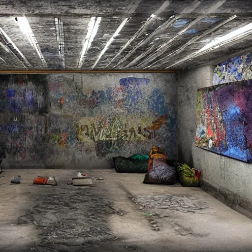 Image similar to underground prison, corroded metal bars, concrete, colorful tapestries, rugs, concept art