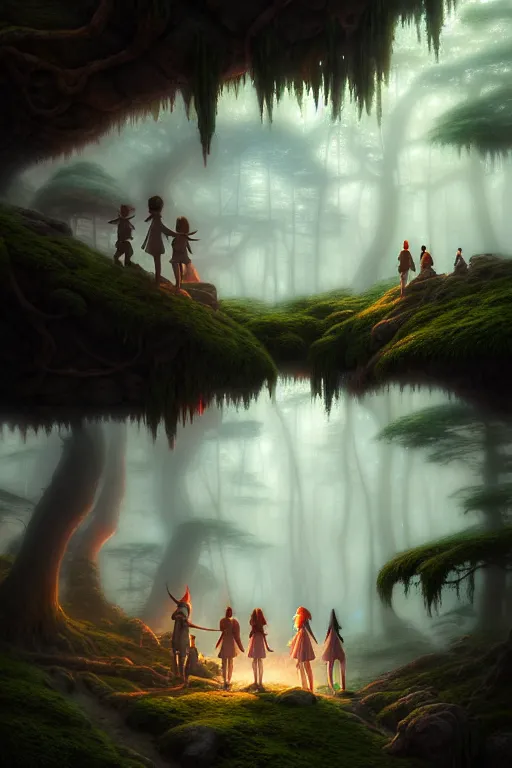 Image similar to a highly detailed matte painting of a group of young adventurers exploring elven ruins in a mystical forest, by studio ghibli, by artgerm, by wlop, by greg rutkowski, red tones, volumetric lighting, octane render, 4 k resolution, trending on artstation, masterpiece