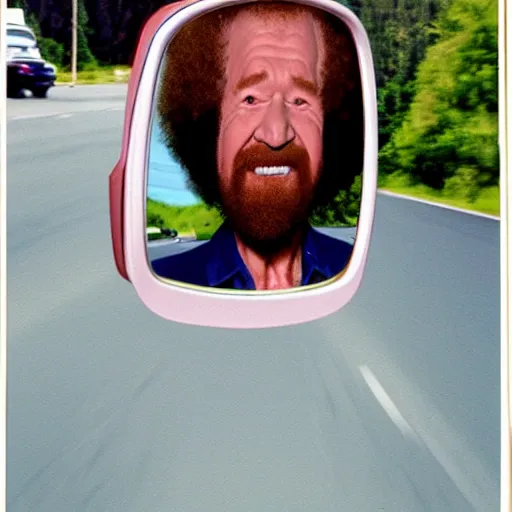 Image similar to a tiny screaming bob ross chasing you in rear view mirror