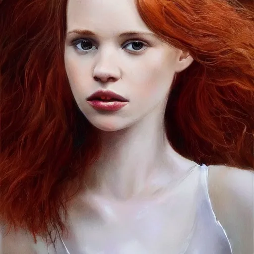 Prompt: hyper realistic, full perfect face, realistic, highly detailed background, photography beautiful girl, face tamzin merchant, red hair, style of alla prima