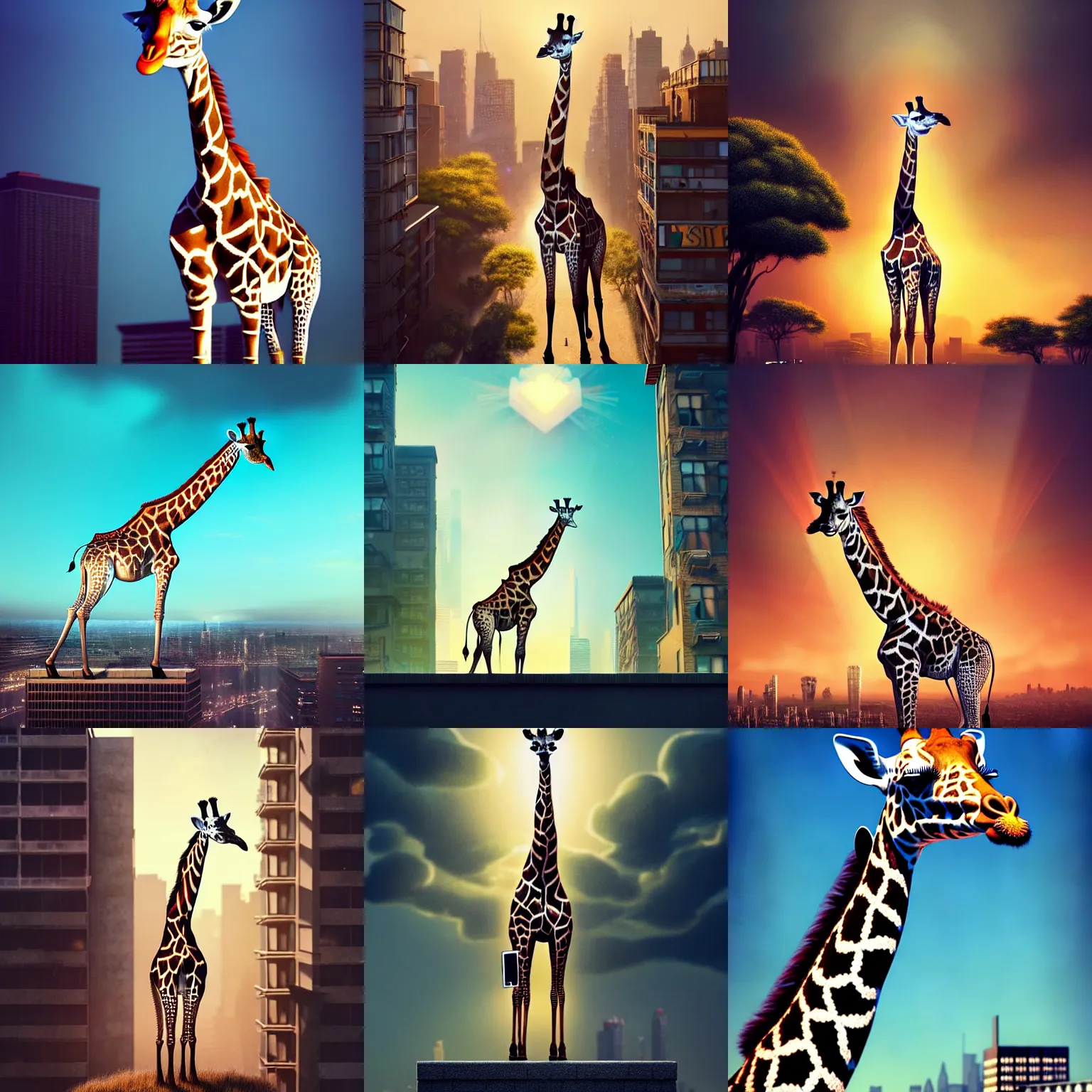 Prompt: a full body painting of a [ giraffe standing on rooftop ] [ safari animal in a city ], intricate, epic lighting, cinematic composition, hyper realistic, 8 k resolution, unreal engine 5, by artgerm, tooth wu, dan mumford, beeple, wlop, rossdraws, james jean, andrei riabovitchev, artstation