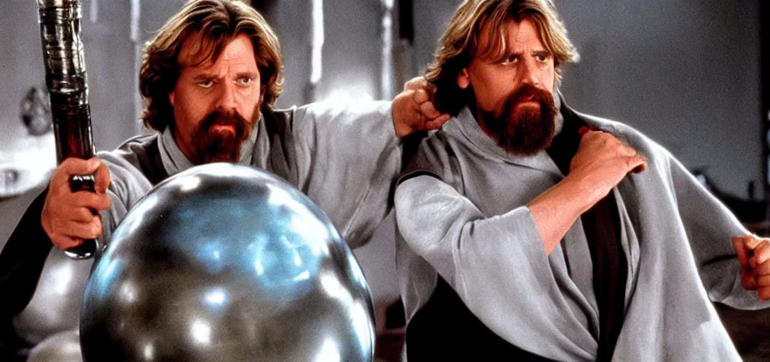 Prompt: the Big Lebowski as Luke Skywalker training on degobah levitating a bowling ball with the force