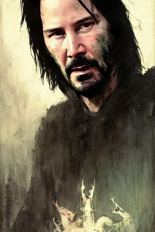 Image similar to keanu reeves, sorceror, lord of the rings, tattoos, decorative ornaments, by carl spitzweg, ismail inceoglu, vdragan bibin, hans thoma, greg rutkowski, alexandros pyromallis, perfect face, fine details, realistic shading, photorealism