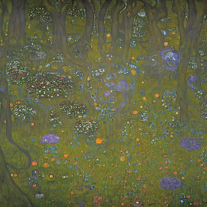 Image similar to ancient overgrown! ruins, medieval gates, runestones!, mysetrious etherial mesmerizing runic!!!, catlike, magical elven geometry, concept art by gustav klimt!, deviantart contest winner, environmental art, indigo flower meadow, fairy circles, lit by moonlight!!, high detail, intricate masterpiece