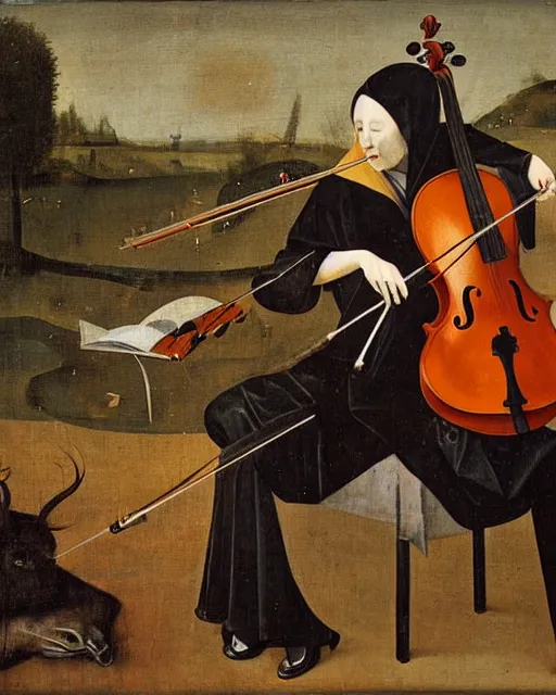 Prompt: a female cellist inspired by Hieronymous Bosch