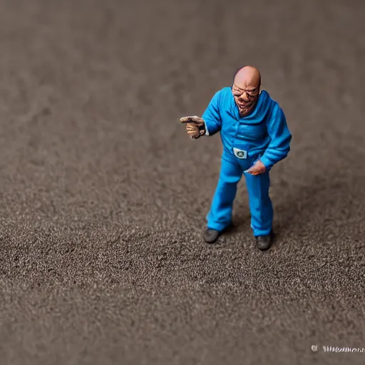 Prompt: macro photo of a miniature walter white figure, canon 8 0 d, canon 1 0 0 mm f / 2. 8, 4 k,