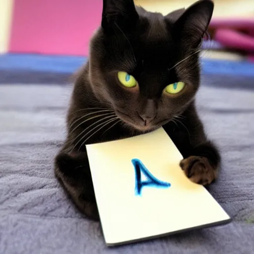 Image similar to a photo of a cat writing the word meow on a notepad