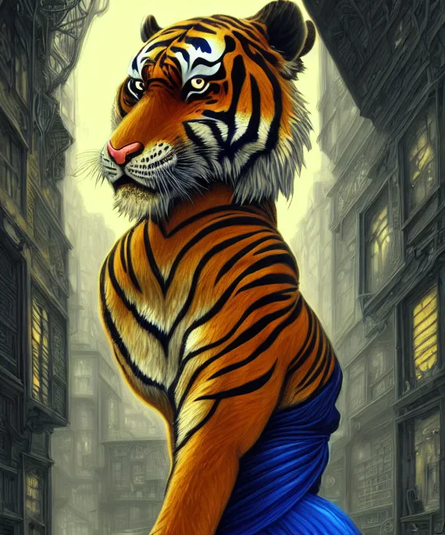 Prompt: anthropomorphic Tiger female, indian origin, fantasy, bright blue eyes, face, black and yellow hair, fantasy, LSD Dream Emulator, intricate, elegant, new york alleyway, moonlit, highly detailed, digital painting, artstation, concept art, smooth, sharp focus, illustration, art by artgerm and greg rutkowski and alphonse mucha