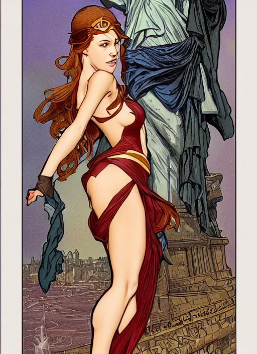 Prompt: slim young april with a mischievous face and long chesnut wavy hair dressed as a superhero in her early twenties, posing with her arms tucked behind her back, lady liberty, tight fit, curvaceous, intricate detailed face, shiny, art by joshua middleton and greg rutkowski and alphonse mucha