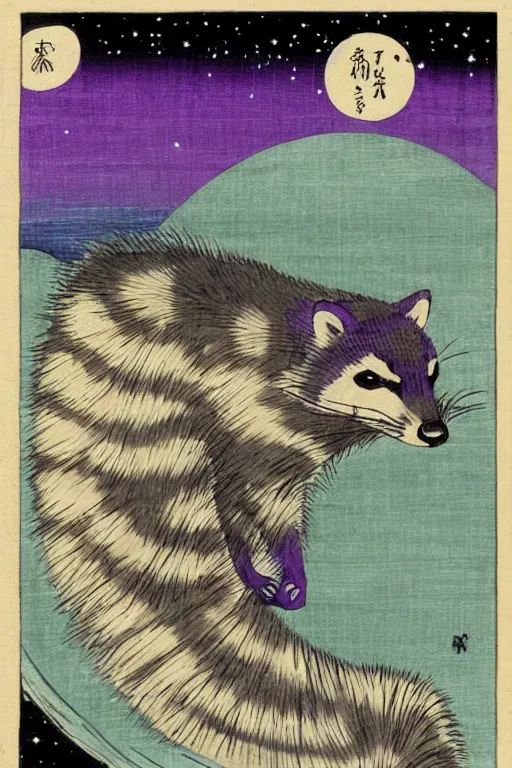 Image similar to purple raccoon in the stars in the style of Utagawa Hiroshige