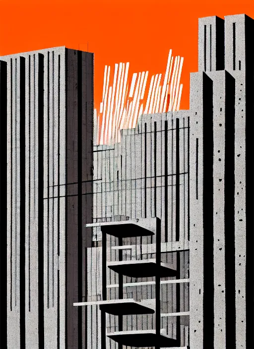 Prompt: (((habitat 67 city on fire lone man in chair))), Mads Berg, Karolis Strautniekas, James Yang, Brutalism, Constructivist, film noir, stippled light, dramatic lighting,editorial illustration, detailed, matte print, dark orange black white red