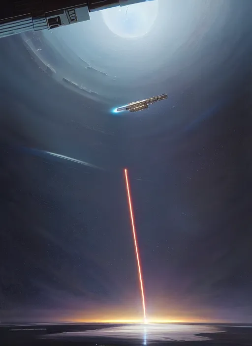 Prompt: hyper realistic sci - fi matte concept art painting of a space satellite shooting a laser down to earth below, beautiful details, strong composition painted by kim jung guweta studio rutkowski, james gurney and greg rutkowski, and lucasfilm, smooth, intricate, detailed, sharp focus, cinematic