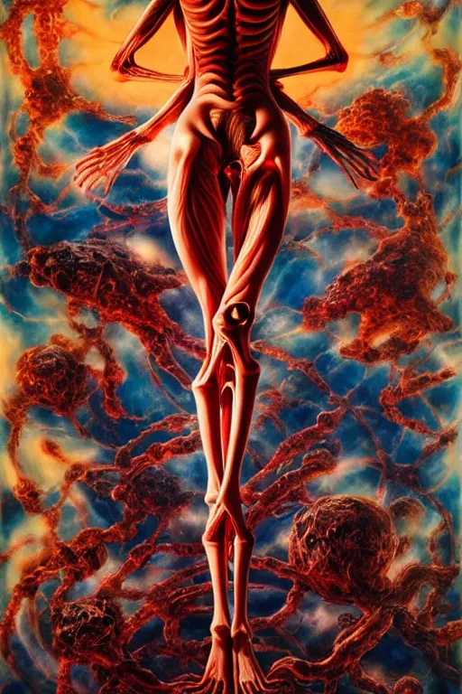 Prompt: a tall, fleshy anatomical figure with extra limbs, !!!wide eyes!!! hovering in the air, zero gravity, aliens around, rich colours, Ayami Kojima, mark brooks, hauntingly surreal, highly detailed painting by Katsuhiro Otomo, part by Adrian Ghenie, part by Gerhard Richter, Soft light 4K