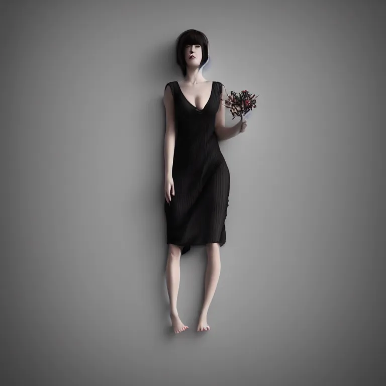 Image similar to hight focus of a wonderful realistic focused sweet wonderful symmetrical centered mid portrait of a lonely woman with a detailed wonderful, majestic, large semi transparent black cotton dress, dramatic light, octane render, - 8 k