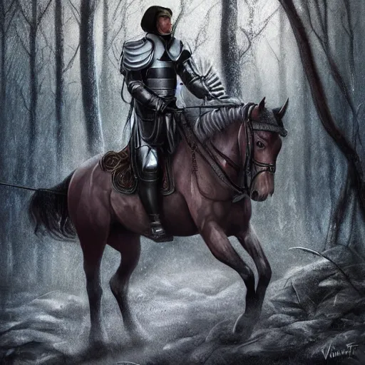 Image similar to aleksandar vucic wearing shining plate armor and riding a horse on a path through a dark forest, highly detailed, digital painting, sharp focus