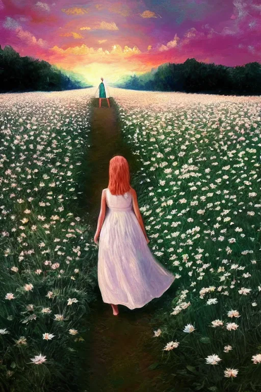 Prompt: giant white daisy flower veil, girl walking in a flower field, surreal photography, sunrise, dramatic light, impressionist painting, colorful clouds, digital painting, artstation, simon stalenhag