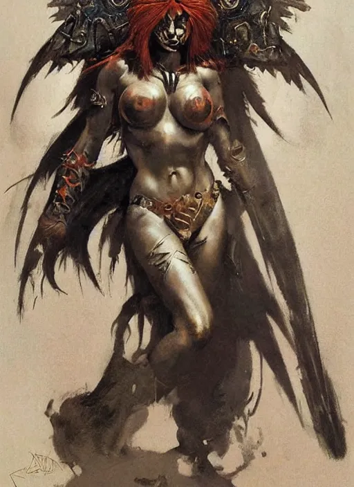 Image similar to portrait of junoesque norwegian female chaos angel, beautiful! coherent! by frank frazetta, by brom, strong line, muted color, rusted spiked armor, iron helm, high contrast, maximalist