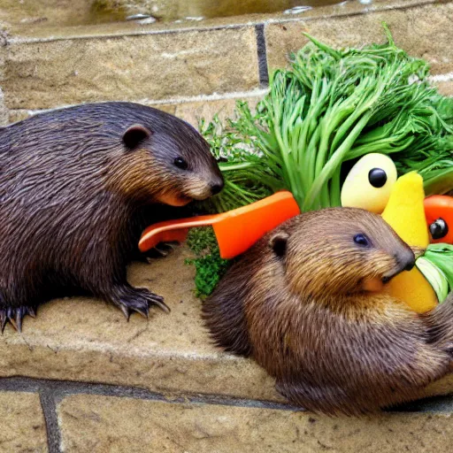 Image similar to real beaver and real duck sitting on vegetables