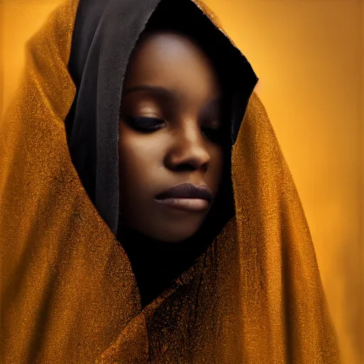 Image similar to a portrait of a young black woman wearing a long dark cloak, hood and shadows covering face, holding golden chains, oil painting, matte painting, black background, Volumetric Golden dappled dynamic lighting, Highly Detailed, Cinematic Lighting, Unreal Engine, 8k, HD, by Beksinski