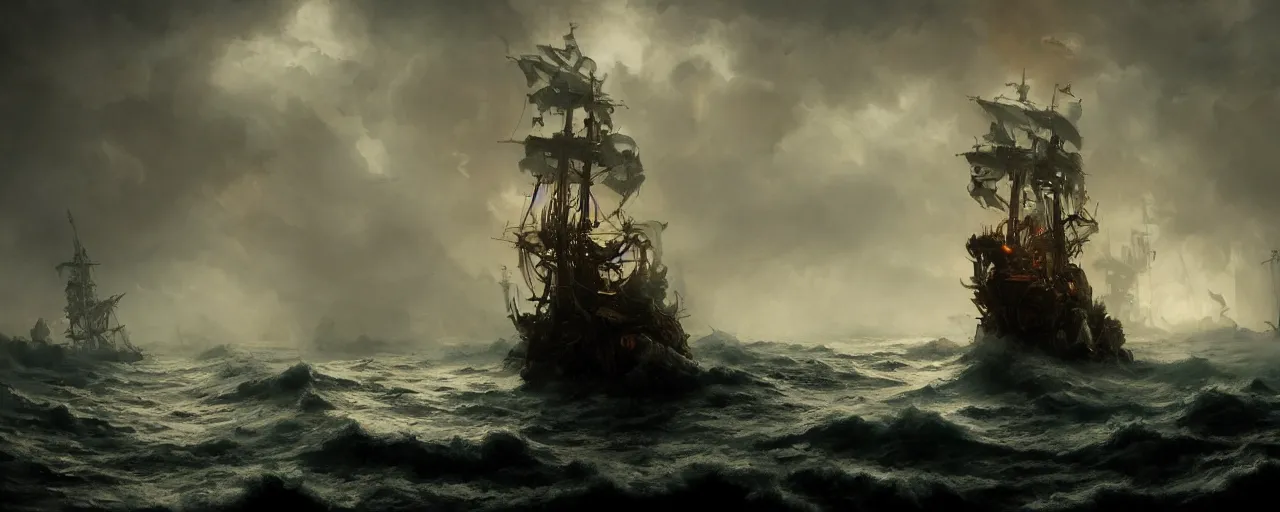 Prompt: fantasy ornate pirate warship on a stormy sea, fog, night, dramatic lighting, greg rutkowski, 4 k, artstation, matte painting, artstation