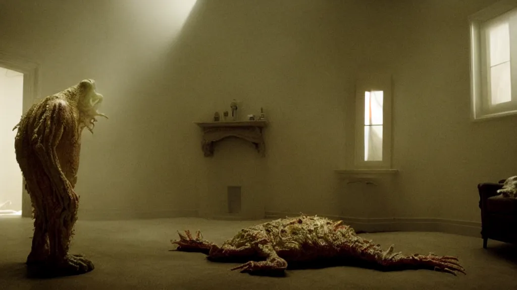 Image similar to the creature on the house in the house, film still from the movie directed by denis villeneuve and david cronenberg, with art direction by salvador dali, wide lens