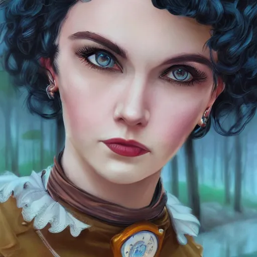 Image similar to a portrait of a 1 9 6 0 s woman with curly black hair and blue eyes, and an apron in the forest, dynamic lighting, fantasy concept art, trending on art station, stunning visuals, cinematic, ultra detailed