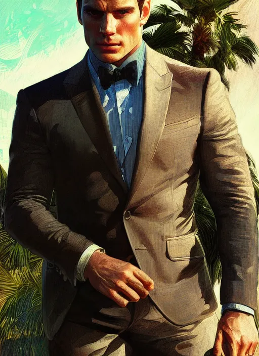 Image similar to portrait of henry cavill as james bond, key art, palm trees, vintage aston martin, highly detailed, digital painting, artstation, concept art, cinematic lighting, sharp focus, illustration, by gaston bussiere alphonse mucha