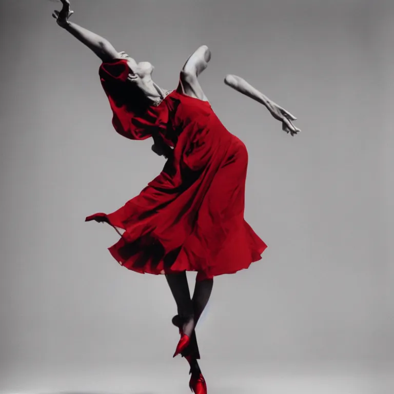 Image similar to A high-detailed photo of woman dancing in the night, grayscale photo with red dress, realism, photo by Richard Avedon