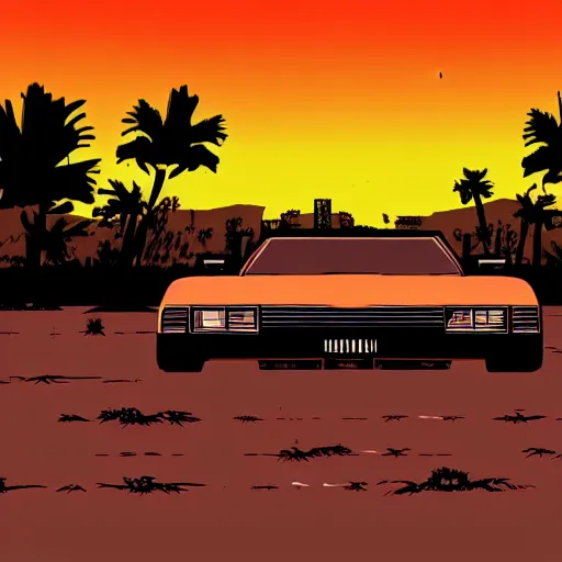 Image similar to wasteland hotline miami desert apocalypse car wide shot landscape nuke fire craters end of the world miami beach sunset palm trees 80s synth retrowave delorean decal