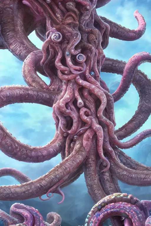 Image similar to giant ancient alien tentacles artwork by akira toriyama, pastel colors, detailed background, extremely detailed, octane rendering, sharp focus, volumetric light, particles, unreal engine 5, rtx