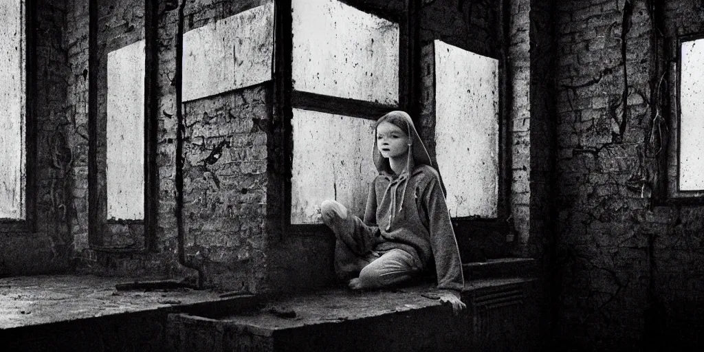 Image similar to at night, sadie sink in hoodie sits on windowsill, knees tucked in | rain falls, old brick wall with ussr propaganda posters : imax b & w film stock, anamorphic, single long shot from schindler's list, by james cameron. cyberpunk, photorealistic, cinematic atmosphere, detailed and intricate, perfect anatomy