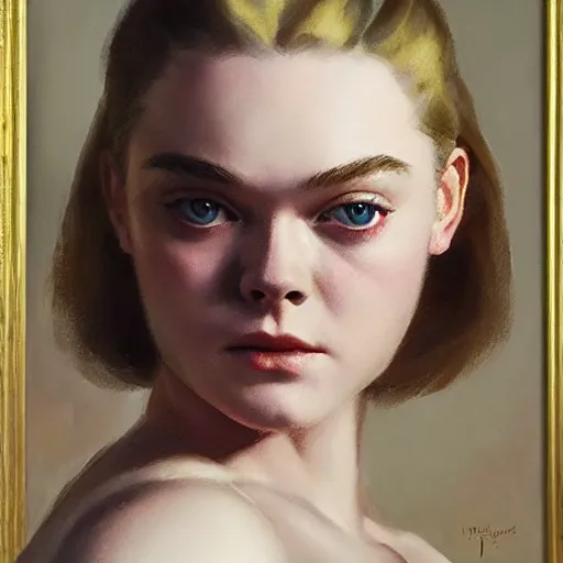 Prompt: ultra realistic medium shot portrait painting of elle fanning in prey, art by frank frazetta and j. c. leyendecker, 4 k, ultra realistic, highly detailed, epic lighting