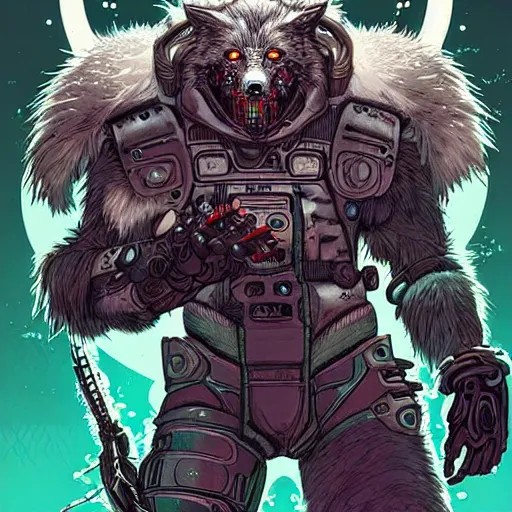 Image similar to portrait of a cybernetic werewolf warrior with white fur and power armor, cyberpunk concept art by josan gonzales and moebius and enki bilal and and dan mumford and jean claude meziere and philippe druilleg