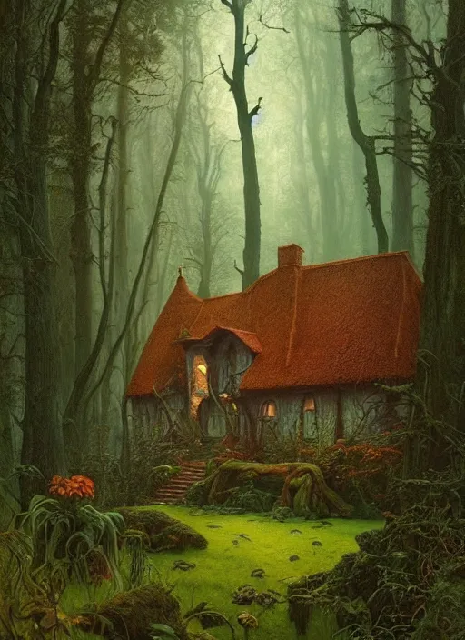 Image similar to hyper realistic witch cottage rococo in the woods gorgeous lighting, highly detailed, lush forest painting by zdzisław beksinski and norman rockwell and greg rutkowskiweta studio, and lucasfilm