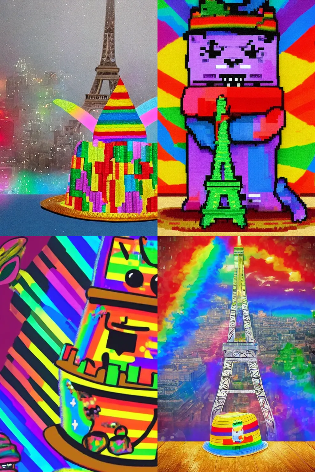 Prompt: long-shot photo of Nyan Cat with a sombrero and pina colada, chilling by the Eiffel tower, detailed; dreary lighting, Lovecraftian horror, reminiscent of Gorefield