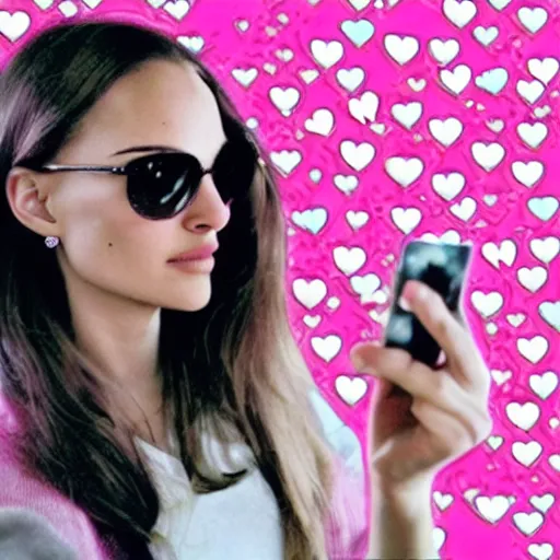 Prompt: a highly detailed college girl that looks like Natalie Portman taking a picture of herself trying to be an influencer with cute pink hearts in the air