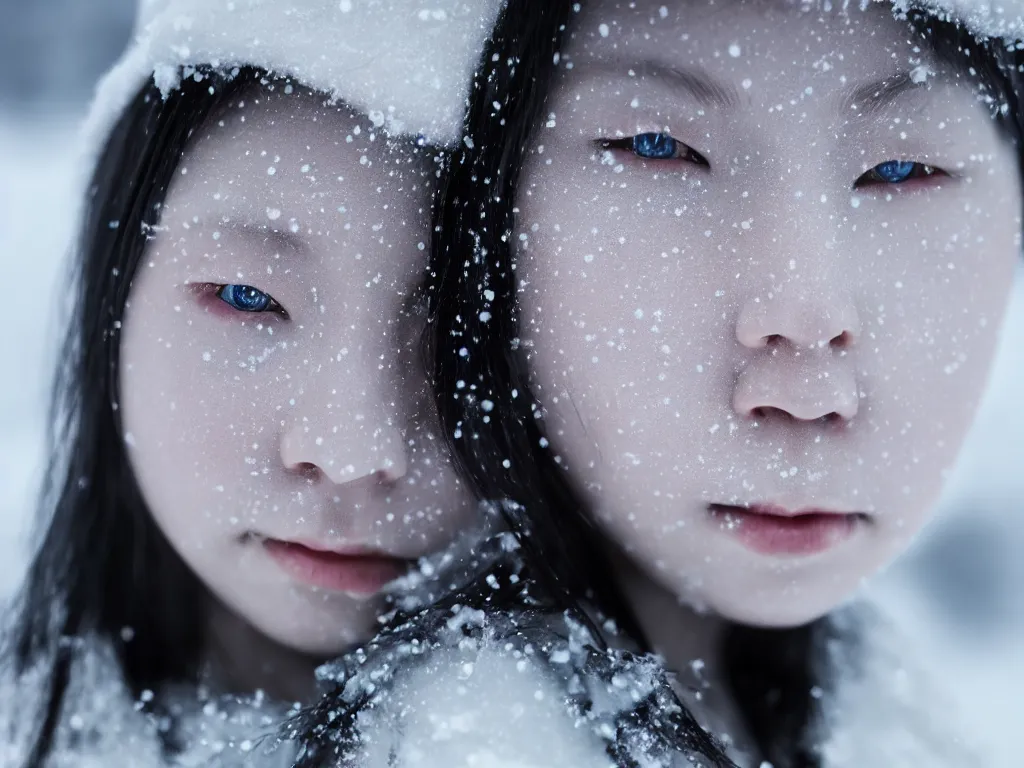 Prompt: the piercing blue eyed stare of yuki onna, snowstorm, blizzard, mountain snow, canon eos r 6, bokeh, outline glow, asymmetric unnatural beauty, gentle smile, blue skin, centered, rule of thirds