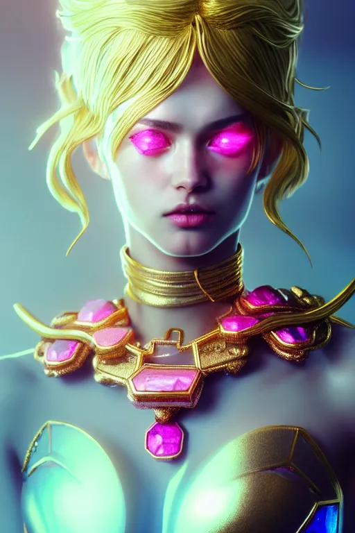 Image similar to hyperdetailed portrait of a stunningly beautiful european girl androgynous guard made of iridescent metals shiny pink gems, bright nimbus, thin golden necklace, inspired by ross tran and wlop and masamune shirow and kuvshinov, concept art, intricate, photorealistic, octane render, rtx, hdr, unreal engine, dnd digital art by artgerm