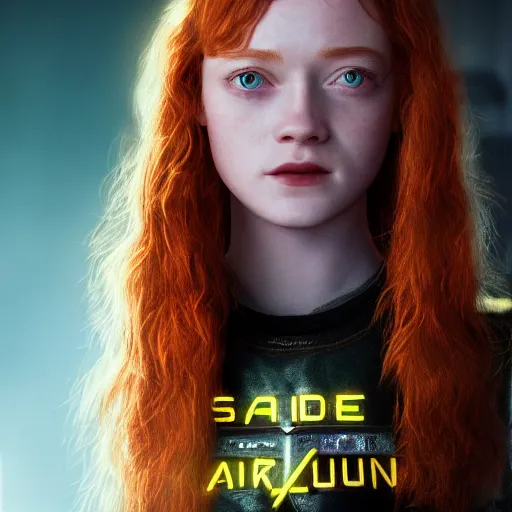 Image similar to Sadie Sink portrait, Cyberpunk 2077, ultra photorealistic, cybernetic body parts, neon, octane, bokeh, 8k