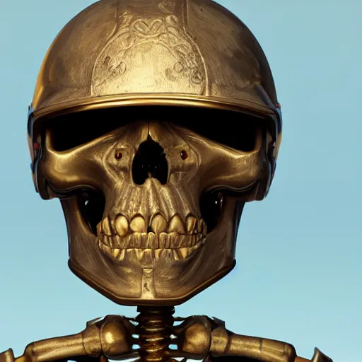 Image similar to super detailed 1 6 k hyperrealistic skeleton wearing astronaut helmet with carvings on the skull and helmet in golden unreal engine, octane render in the artstyle of finnian macmanus, john park and greg rutkowski