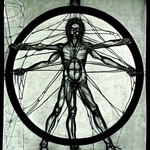 Prompt: The Vitruvian Man revisited by Giger