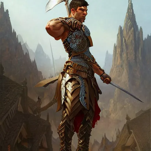 Image similar to Nathan Fielder as a warrior, D&D, muscular, fantasy, intricate, elegant, highly detailed, digital painting, artstation, concept art, smooth, sharp focus, illustration, art by artgerm and greg rutkowski and alphonse mucha
