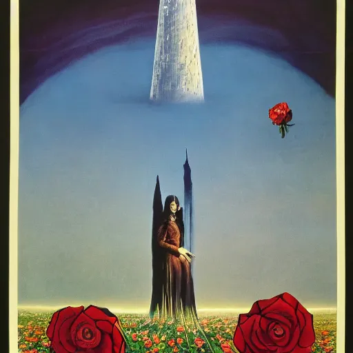 Image similar to the dark tower in a field of roses, surrealism, cosmic western, masterpiece oil painting, science fiction movie poster, 1 9 7 5