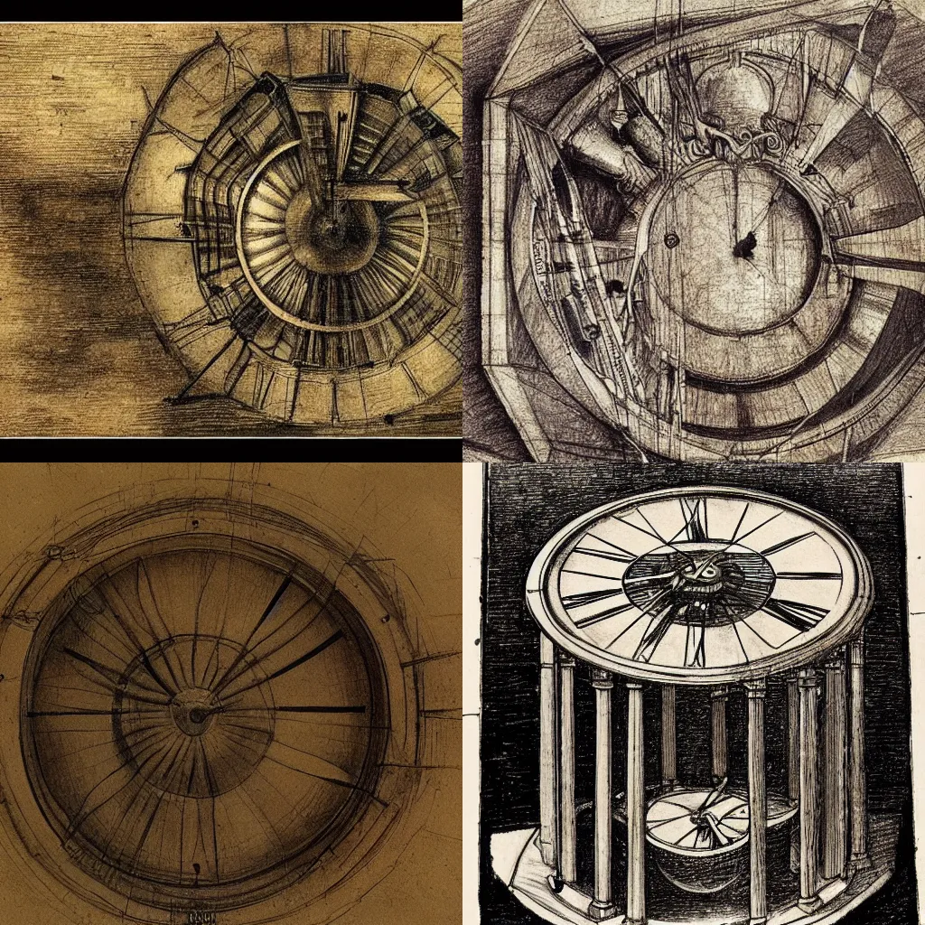 Prompt: Leonardo da Vinci's detailed drawing of a time machine