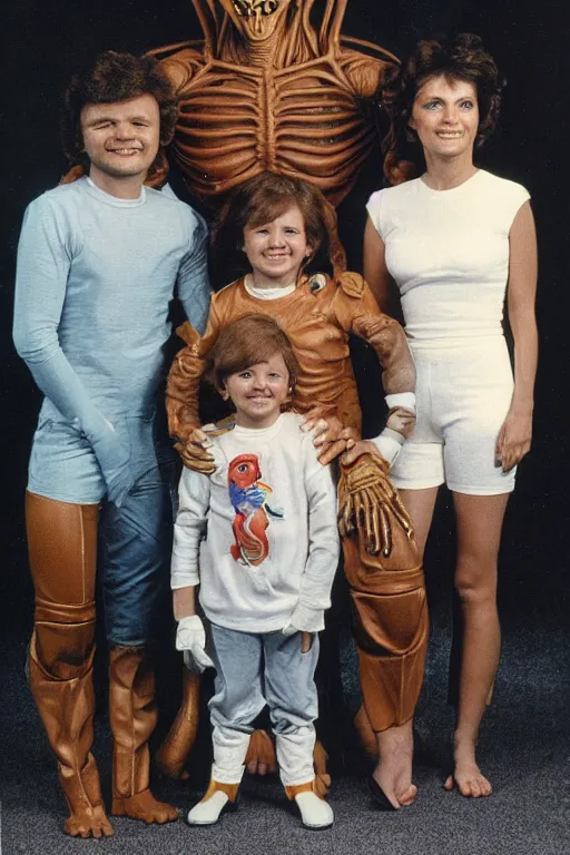 Image similar to alien family photo, 1 9 8 0 s, olan mills studio, color