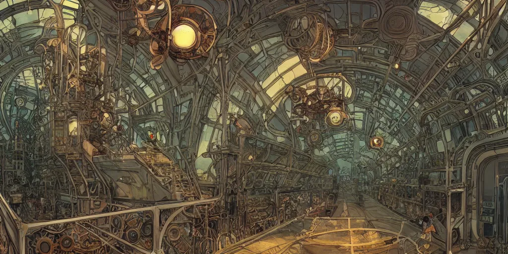 Prompt: wide angle view on steampunk airplane hallway, kid and mad scientist walking, giant video screens, sci - fi, big interior plants, retrofuturism, concept art by mucha and moebius and victo ngai, architecture by francois schuiten, clean line, diesel punk, artstation