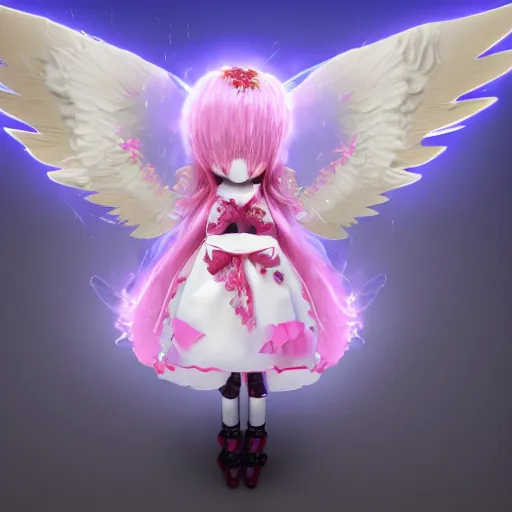 Prompt: cute fumo plush of a divine angel, gothic maiden, ribbons and flowers, ruffled wings, feathers raining, particle simulation, clouds, vray, outline glow lens flare burning sun