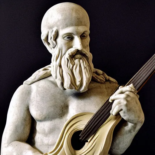 Prompt: epic greek marble statue of a bald man with a long beard, holding a guitar, photo, chiaroscuro