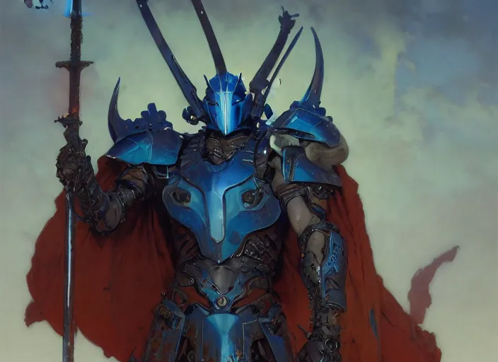 Image similar to character design digital 2 d man viking cape evangelion cyborg blue armor sword of fire by gaston bussiere, anna nikonova aka newmilky, greg rutkowski, yoji shinkawa, yoshitaka amano, tsutomu nihei, muira, moebius, donato giancola, trending on artstation, featured on pixiv